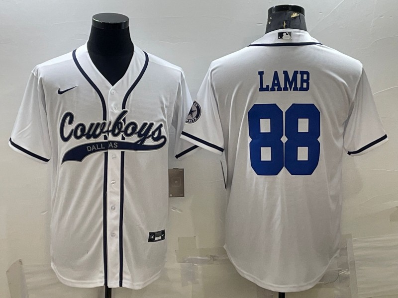 Men's Dallas Cowboys #88 CeeDee Lamb White With Patch Cool Base Stitched Baseball Jersey